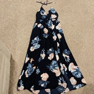 Simplee Large Navy Blue Floral Halter Maxi Dress